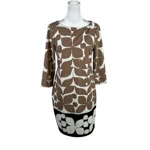 London Times 3/4 Sleeve Shift Dress Tan White 6 Small Business Casual Boat Neck